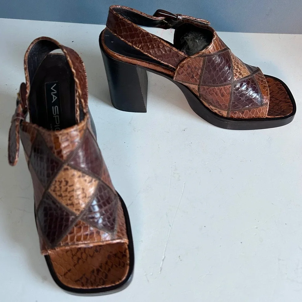 Y2K Via Spiga Patchwork Snakeskin Slingback Block Heel Sandal Brown Size 7 Italy